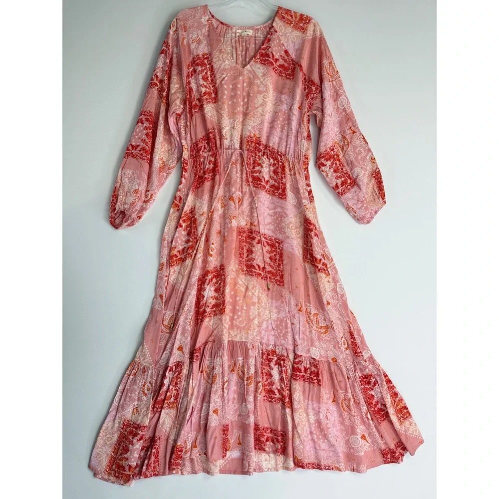 Roller Rabbit Maxi Dress Womens Size M Pink Red Patchwork Bandana Boho Tiered - Picture 2 of 13